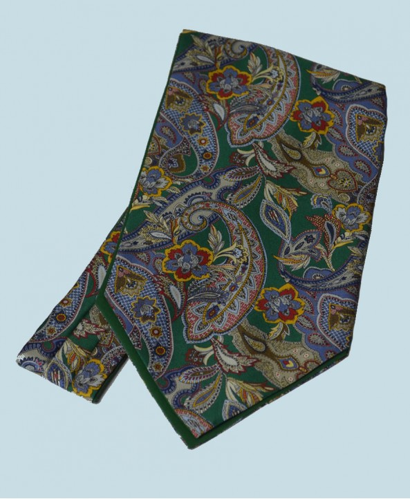 Fine Silk Carnaby Carnival Paisley Pattern Cravat in Mid Green